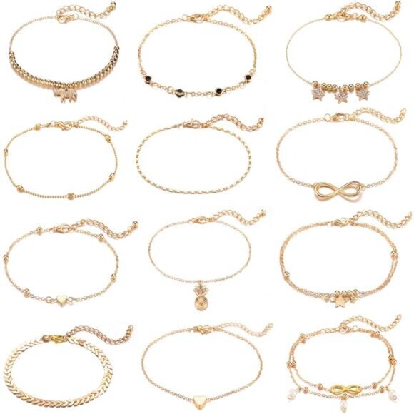 Jewelry - 12pcs Women's Charm Anklet Set Gold Multilayer Adjustable Ankle